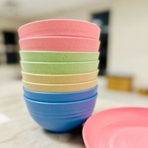 Kids Wheat Straw Dinnerware Sets for 8. Plates*8, Bowls*8, cutlery set *8